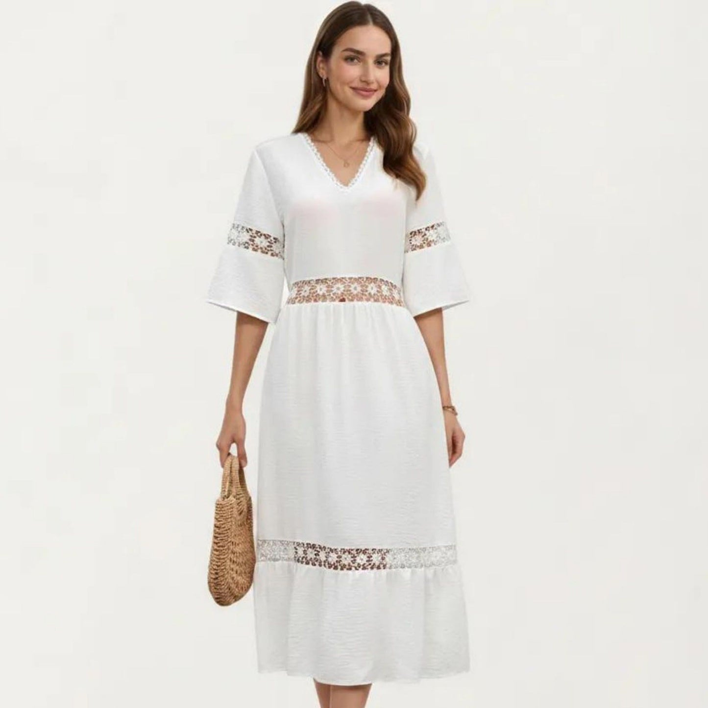 V Neck Midi Dress with Lace Trim Paneling and Short Wide Sleeves Flowing Silhouette