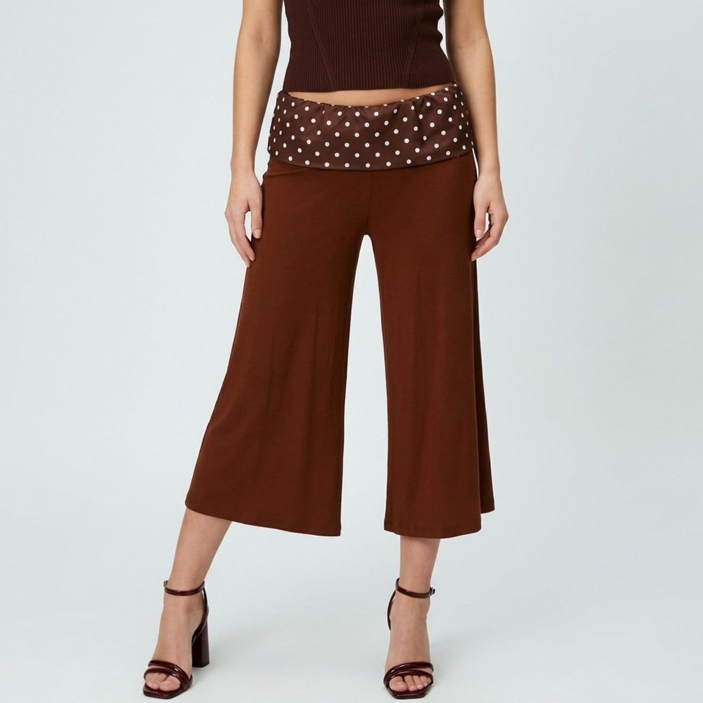 Polka Dot Contrast Waistband Cropped Wide-Leg Trousers