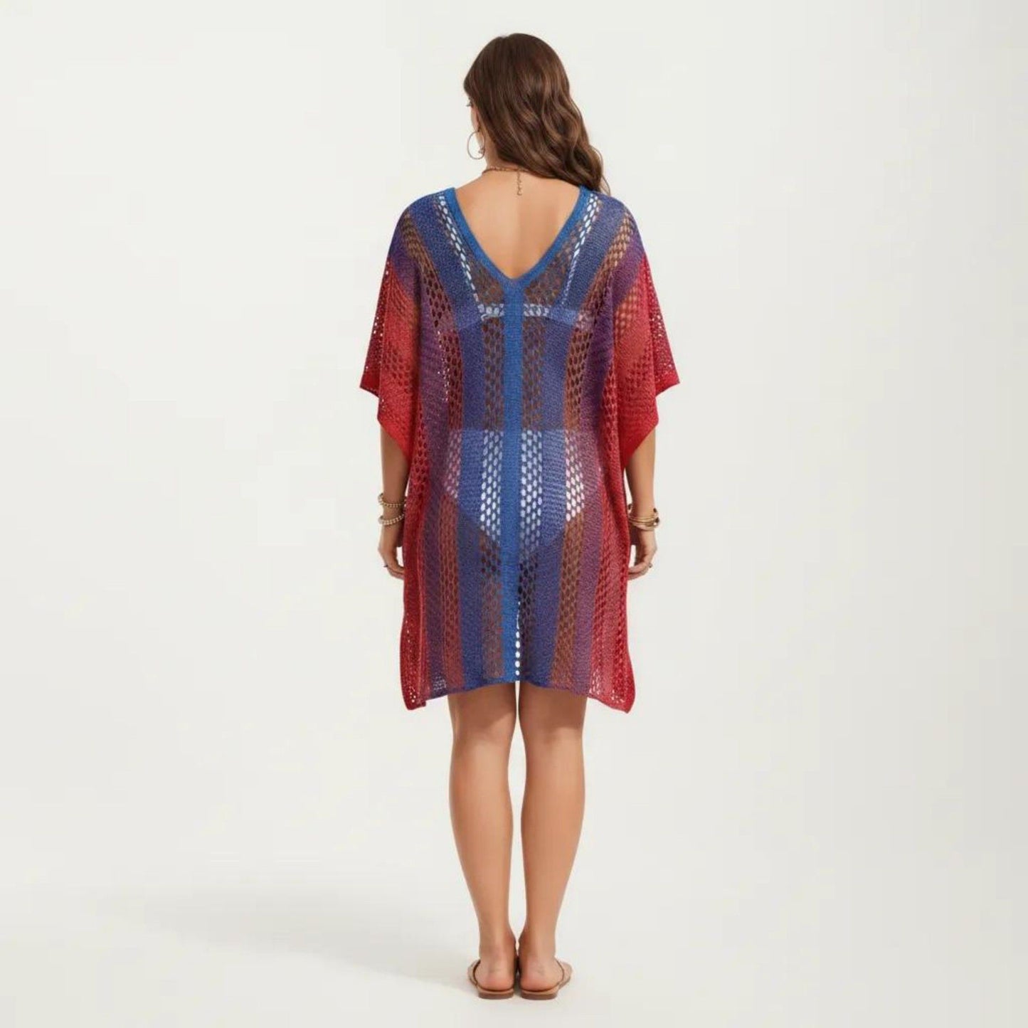 Ombre Crochet Swim Cover Up Dress with Open Knit Mesh Design V Neck Short Sleeves Relaxed Fit