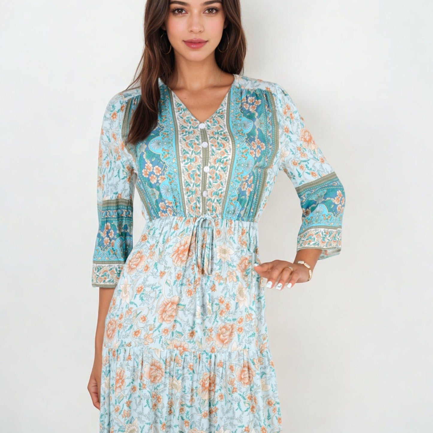 Bohemian Floral Midi Dress with 3/4 Sleeves Drawstring Waist