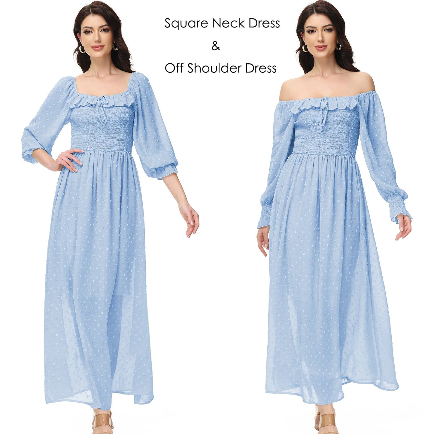 Smocked Long Sleeve Swiss Dot Lined Maxi Dress