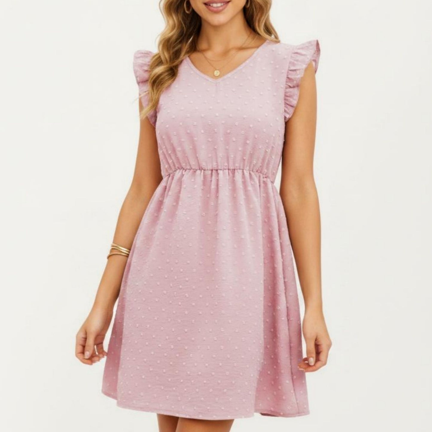 Swiss Dot Babydoll Dress with Ruffle Sleeves and V-Neckline