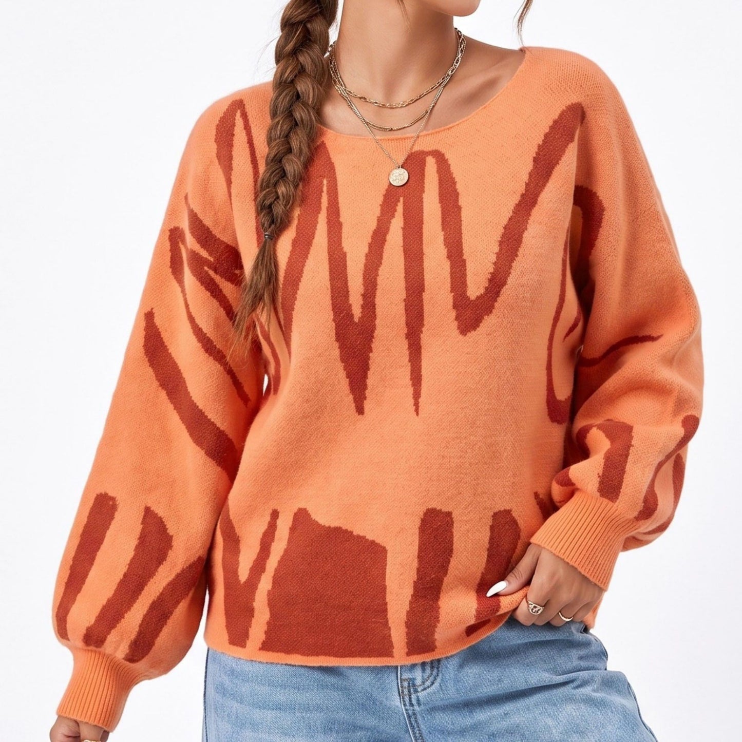 Abstract Graphic Print Long Sleeve Knit Sweater