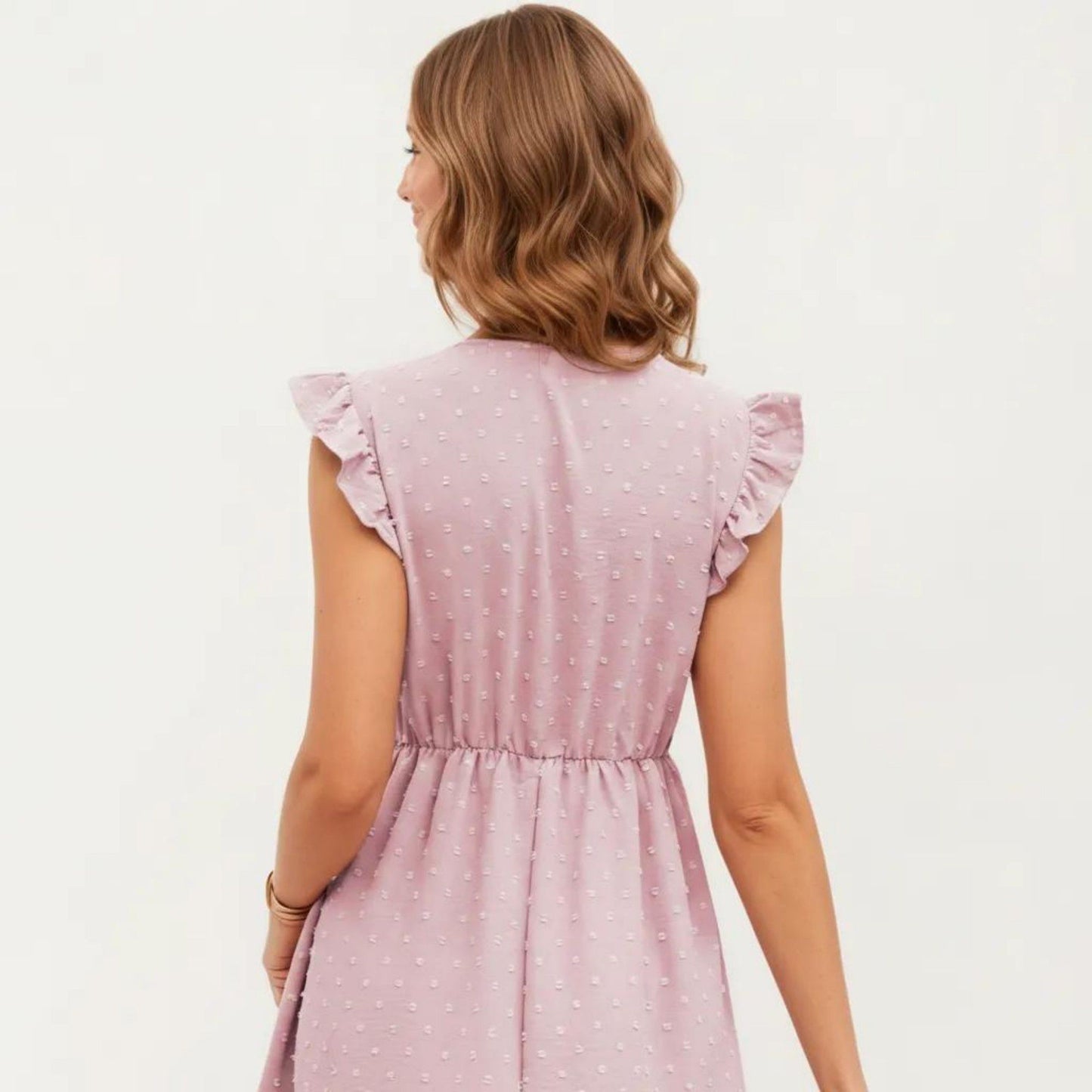 Swiss Dot Babydoll Dress with Ruffle Sleeves and V-Neckline