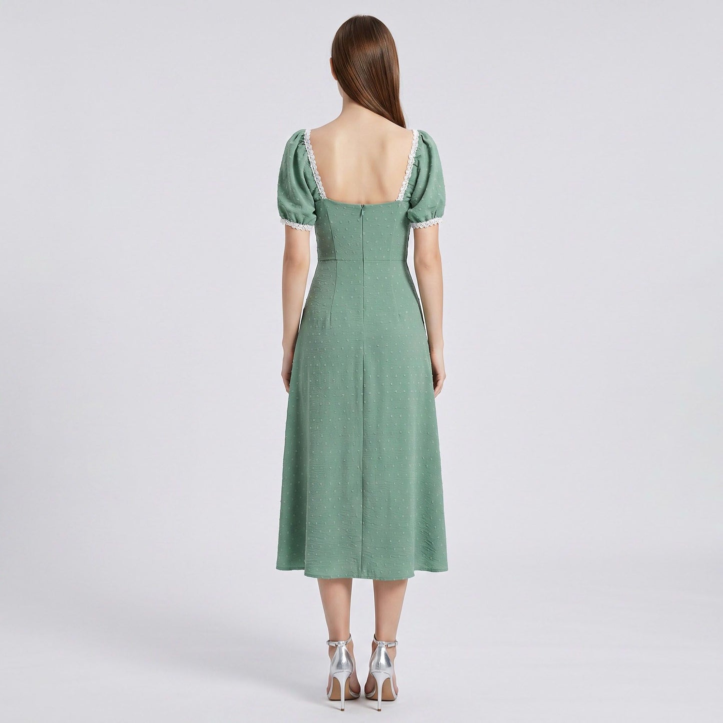 Swiss Dot Puff Sleeve Midi Dress with Lace Trim Square Neckline Tie Front Detail Front Slit and Fitted Bodice