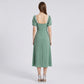 Swiss Dot Puff Sleeve Midi Dress with Lace Trim Square Neckline Tie Front Detail Front Slit and Fitted Bodice