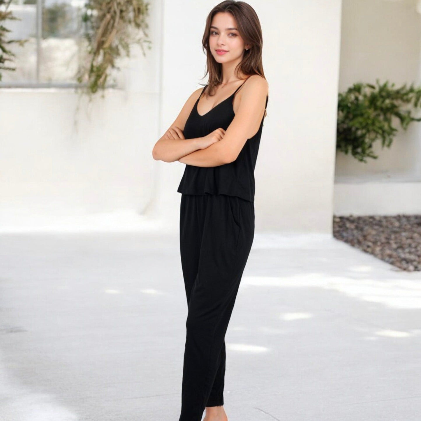 Spaghetti Strap Jumpsuit with Elastic Waist and Pockets