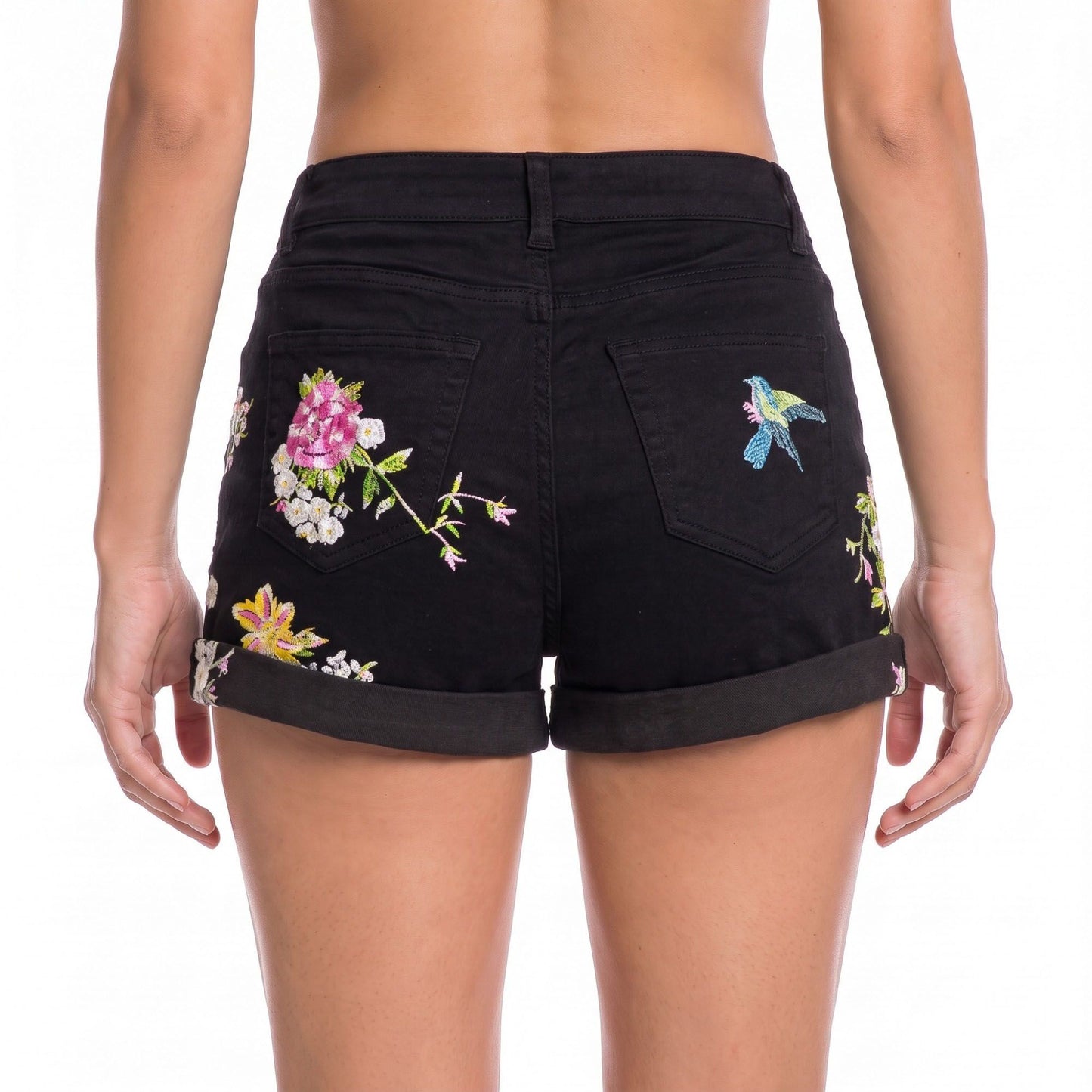 Floral Embroidered High Rise Denim Shorts Rolled Cuff Casual Jean Shorts