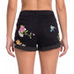 Floral Embroidered High Rise Denim Shorts Rolled Cuff Casual Jean Shorts
