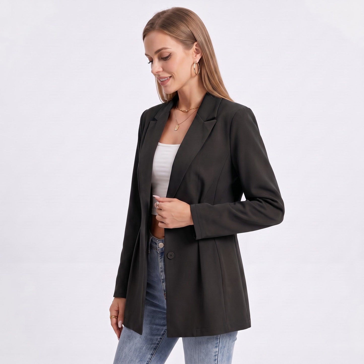 Longline Single Button Blazer with Notched Lapels