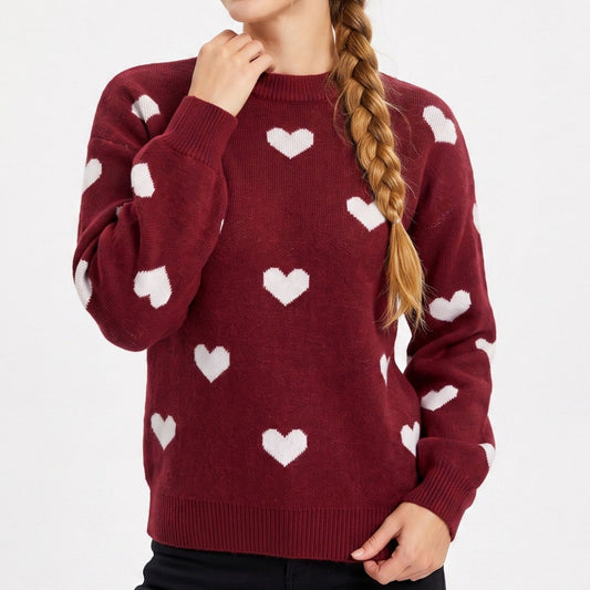 Heart Print Crew Neck Long Sleeve Knit Sweater