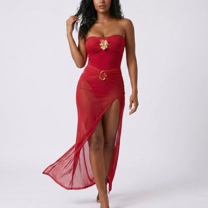 2-Piece Strapless One Piece Swimsuit with Sheer Wrap Skirt