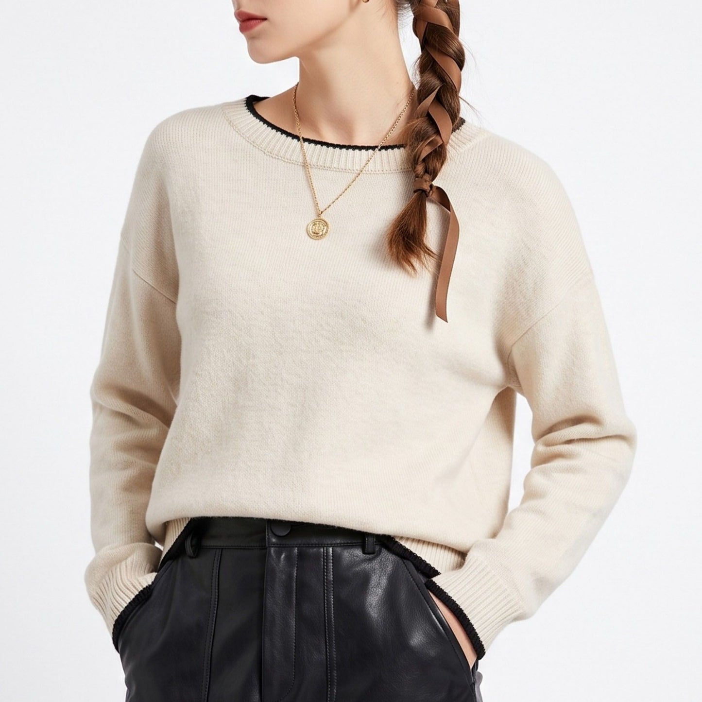 Contrast Trim Crewneck Knit Sweater