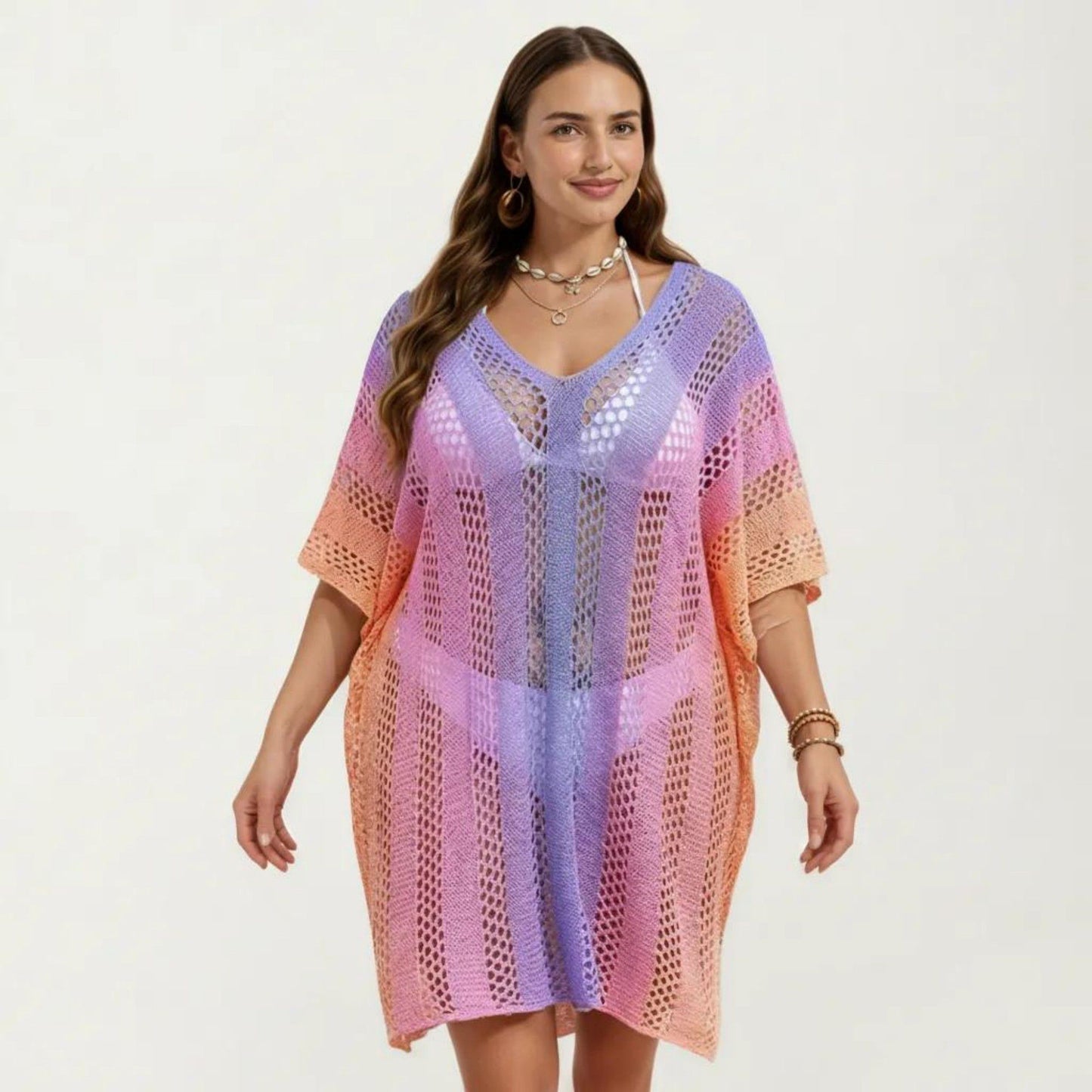 Ombre Crochet Swim Cover Up Dress with Open Knit Mesh Design V Neck Short Sleeves Relaxed Fit