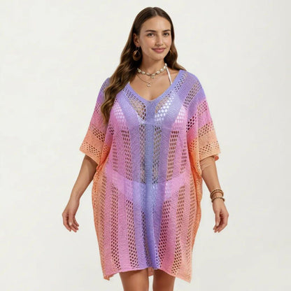 Ombre Crochet Swim Cover Up Dress with Open Knit Mesh Design V Neck Short Sleeves Relaxed Fit
