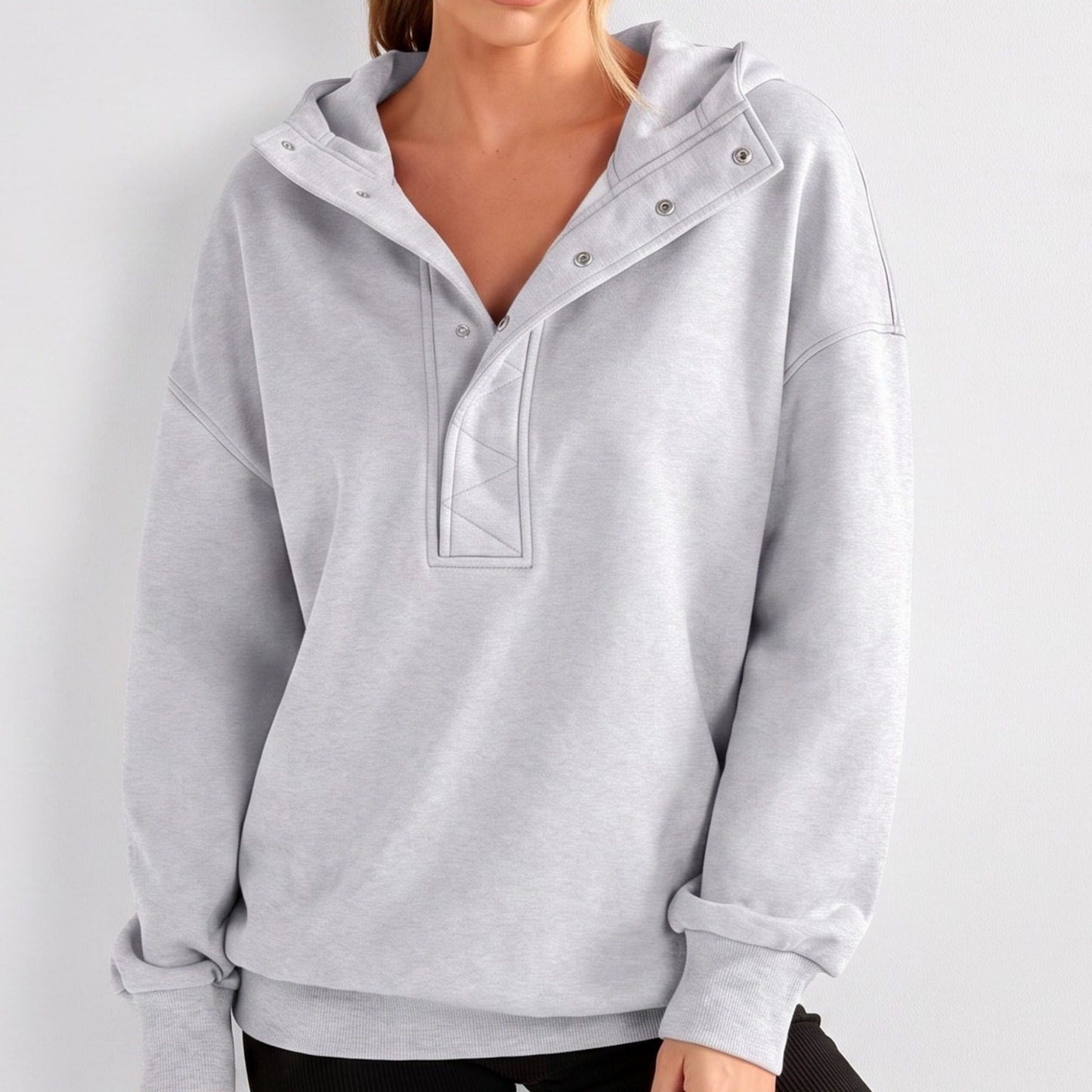 Snap Button Hooded Long Sleeve Pullover Sweatshirt