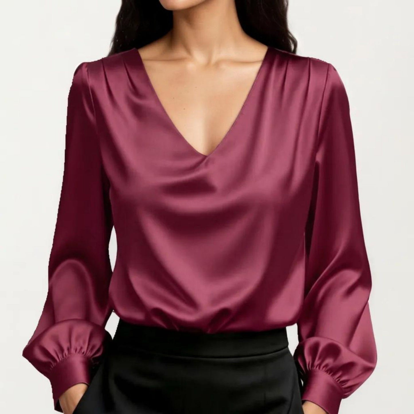 Satin V-Neck Blouse with Long Balloon Sleeves and Wide Cuffs