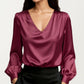 Satin V-Neck Blouse with Long Balloon Sleeves and Wide Cuffs
