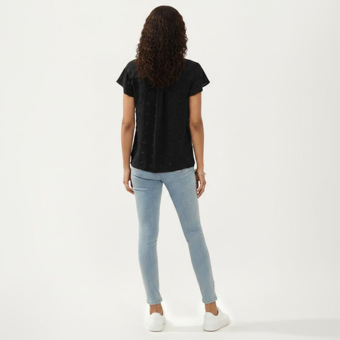 Short Sleeve Swiss Dot Top with Split Neckline and Soft Textured Fabric