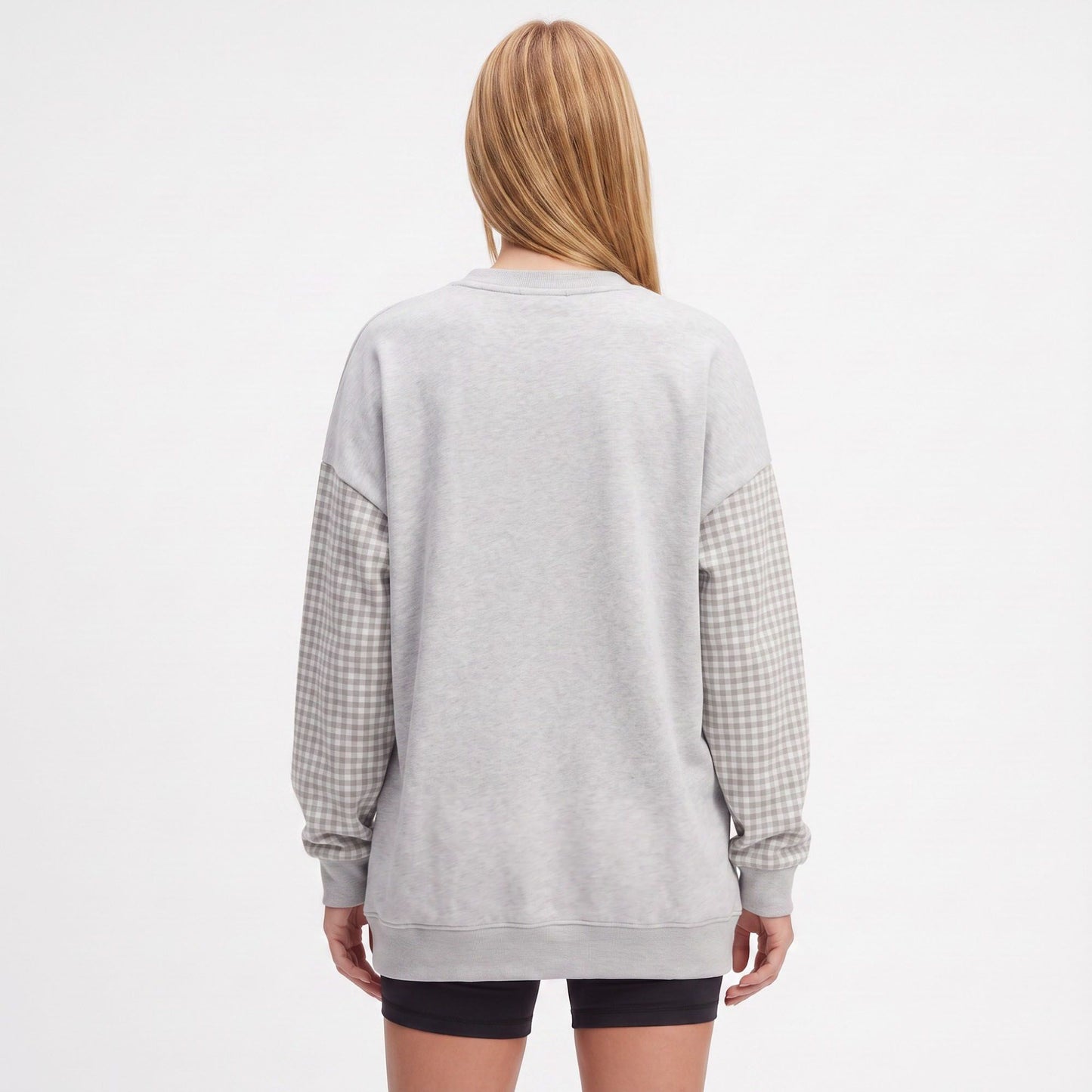 Plaid Sleeve Crew Neck Long Sleeve Pullover Sweatshirt