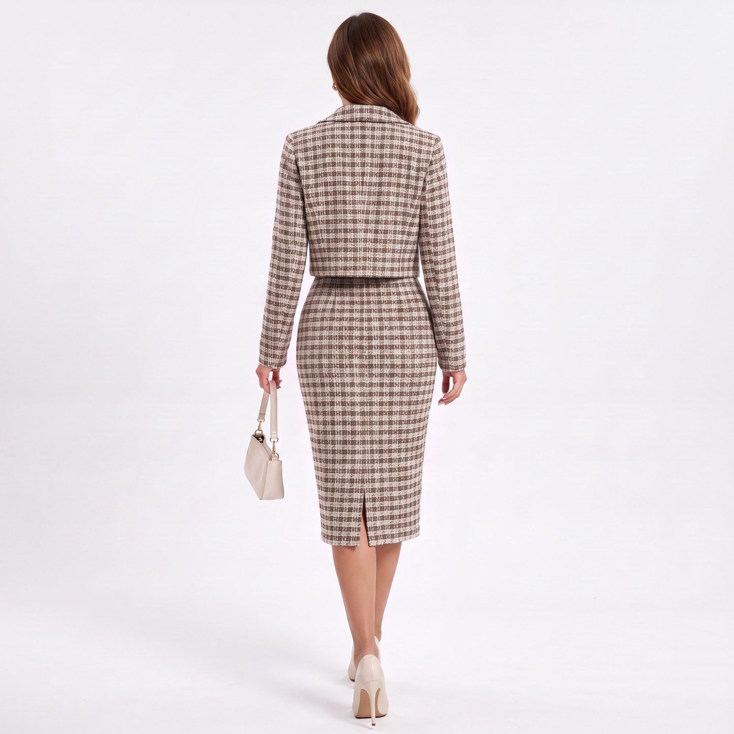 Houndstooth Cropped Blazer and Square Neck Midi Dress Two Piece Set