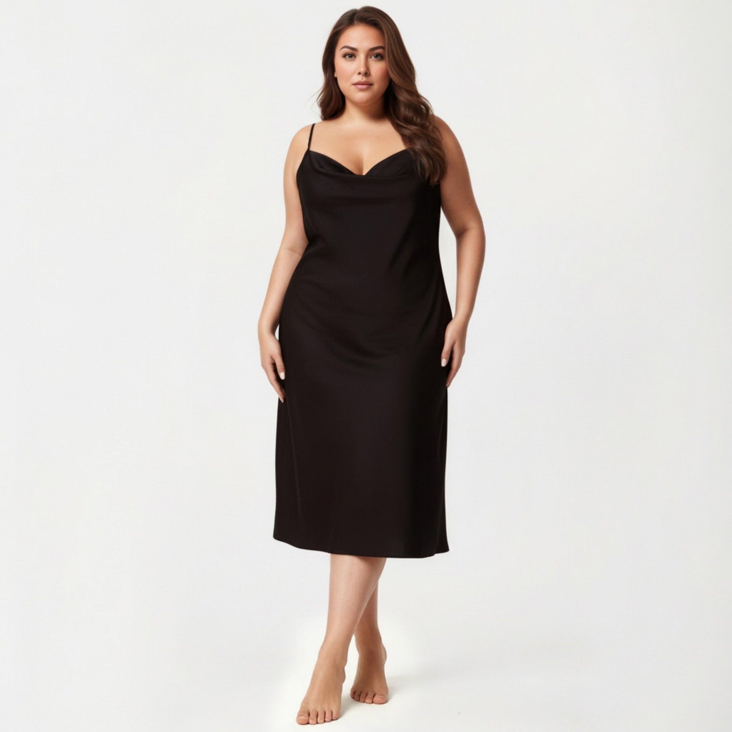 Plus Size Satin Slip Nightgown with Adjustable Spaghetti Straps Midi Length Relaxed Fit Sleepwear Dress