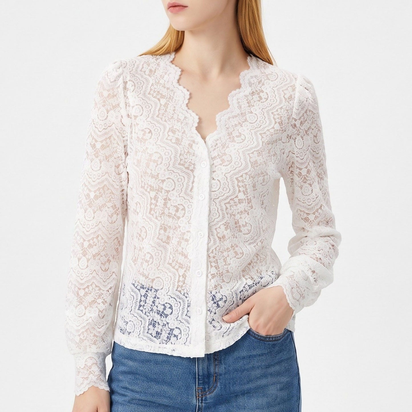 Elegant Scalloped V-Neck Lace Button-Down Top