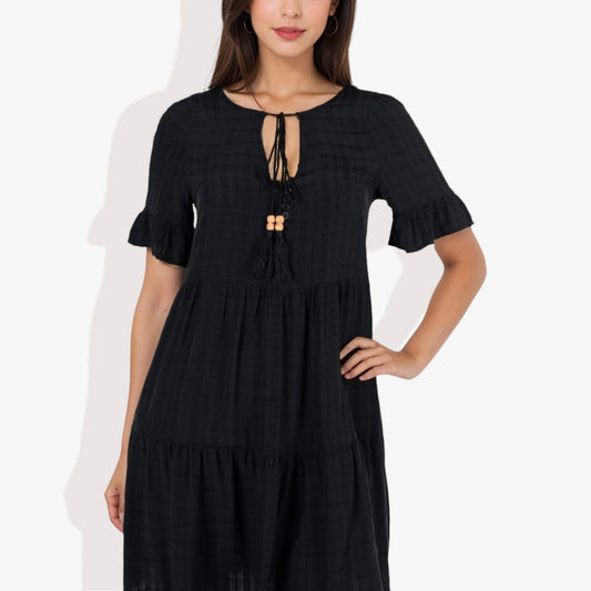 Ruffle Sleeve Tiered Dress With Button And Tassel Detail