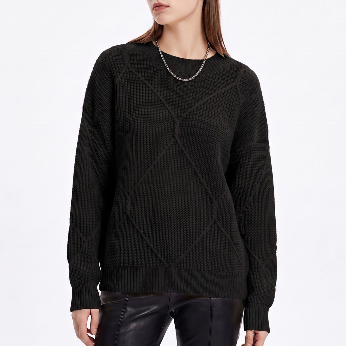 Geometric Textured Crewneck Pullover Sweater