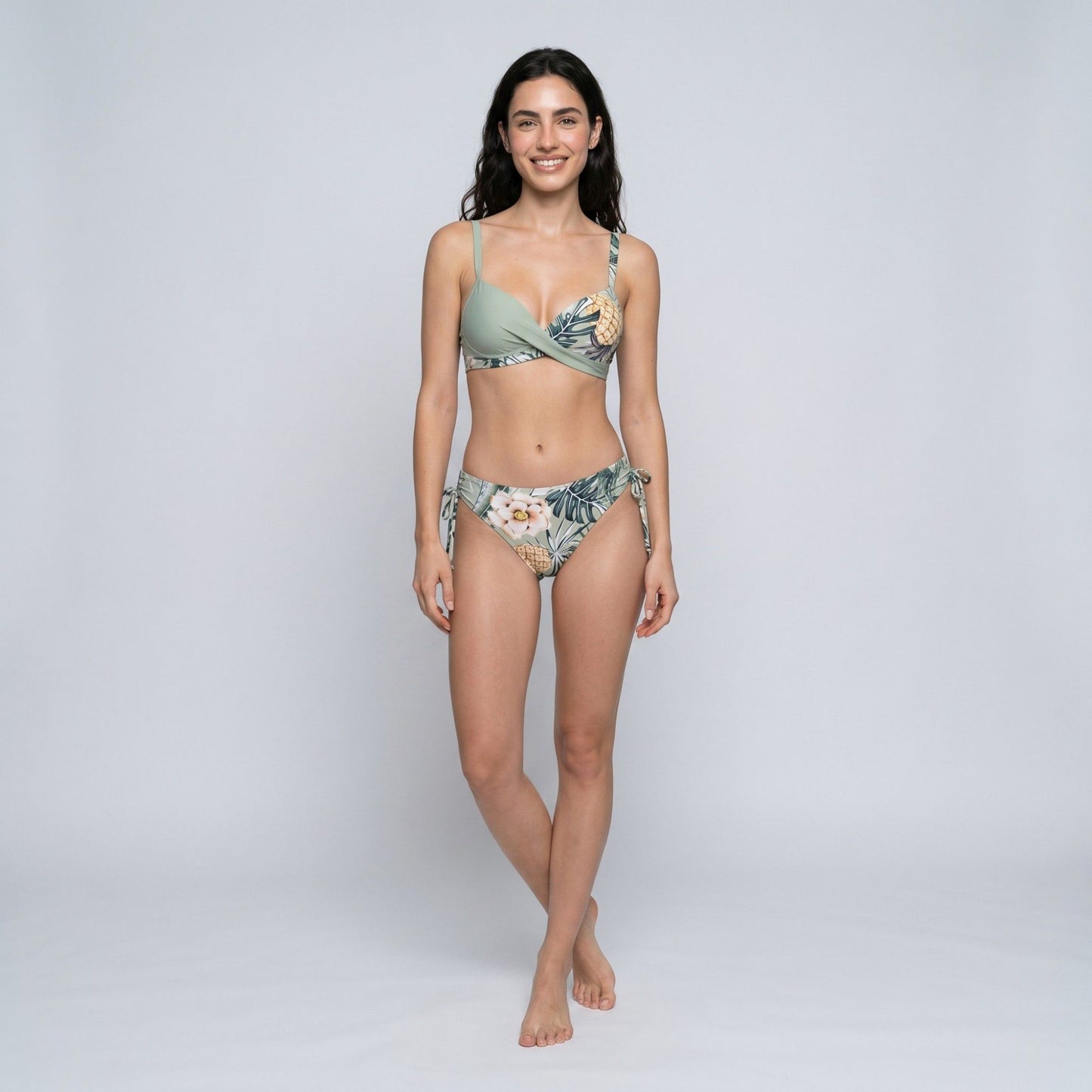 2-Piece Tropical Print Bikini Swimsuit with Wrap Front Bralette Top Side Tie Bottoms and Smooth Stretch Fit
