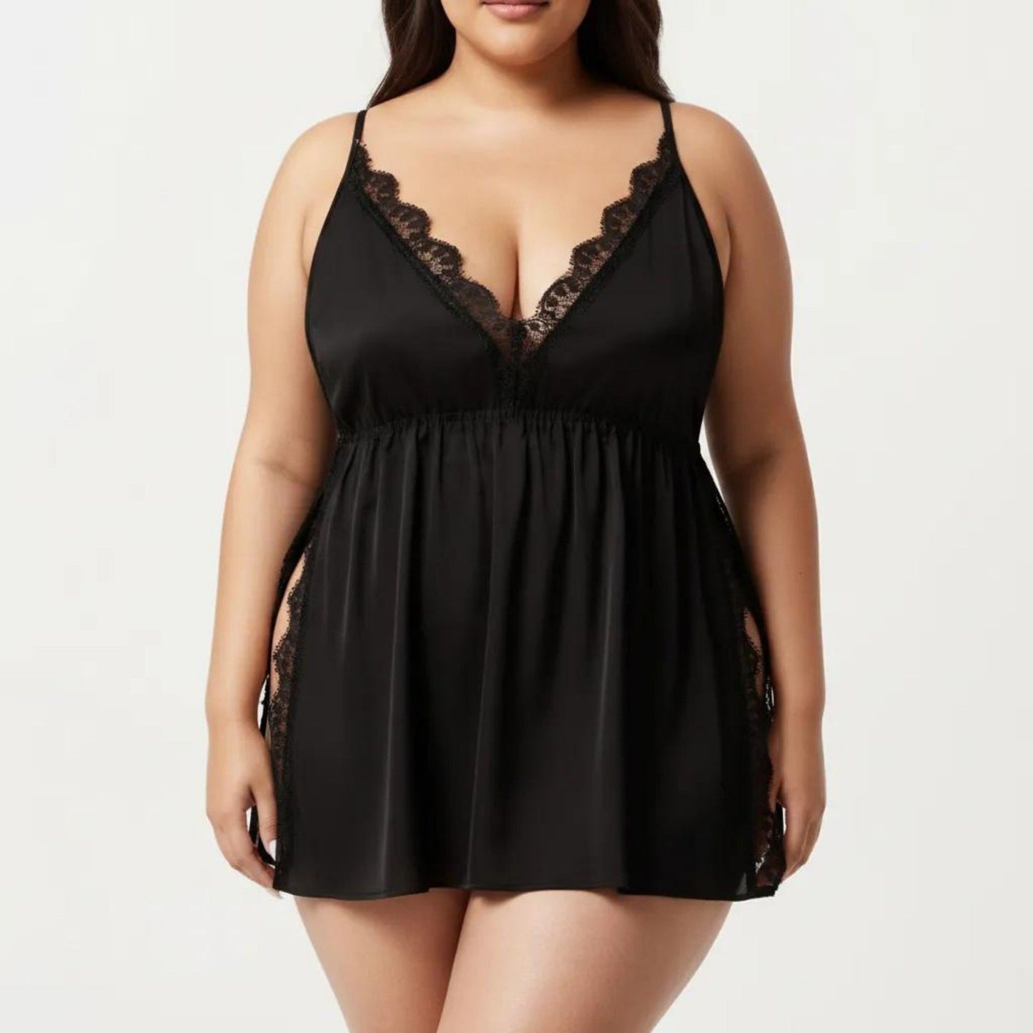 Plus Size Babydoll Chemise Lace Trim Nightgown Adjustable Strap Flowy Sleep Dress