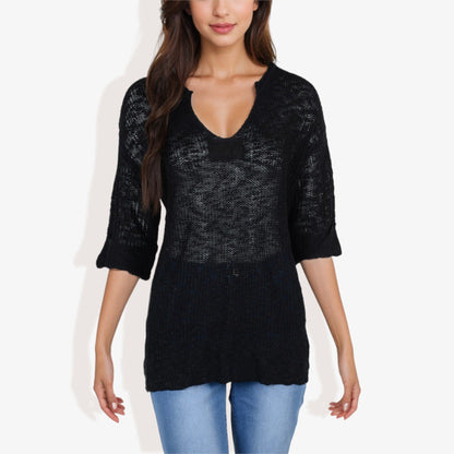 Lightweight Long Sleeve Knit Top Notch Neck Rolled Cuffs