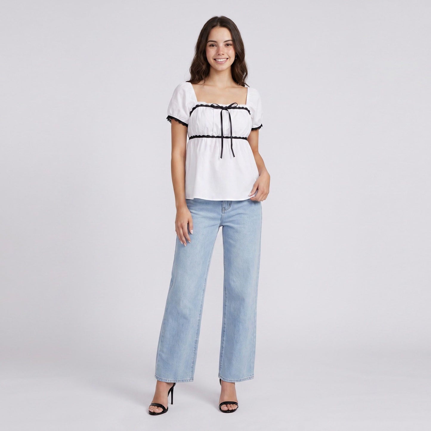 Square Neck Puff Sleeve Blouse Bow Tie Lace Trim Smocked Peplum Top