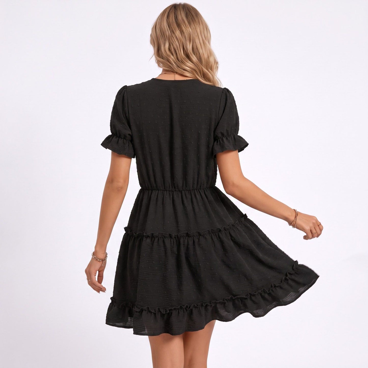 Swiss Dot V-Neck Lace Trim Tiered Ruffle Mini Dress