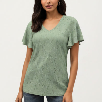 Short Sleeve Eyelet V-Neck Top with Floral Embroidery and Flutter Sleeves