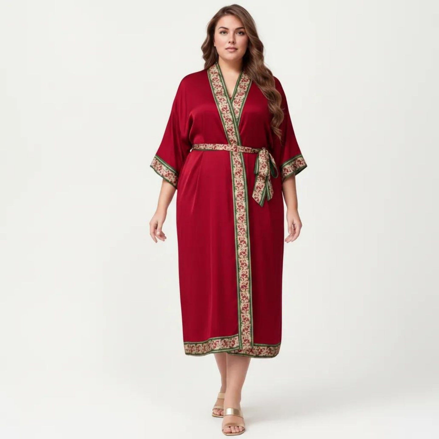 Plus Size Satin Robe with Floral Trim Belted Kimono Sleeve Long Robe Sleepwear
