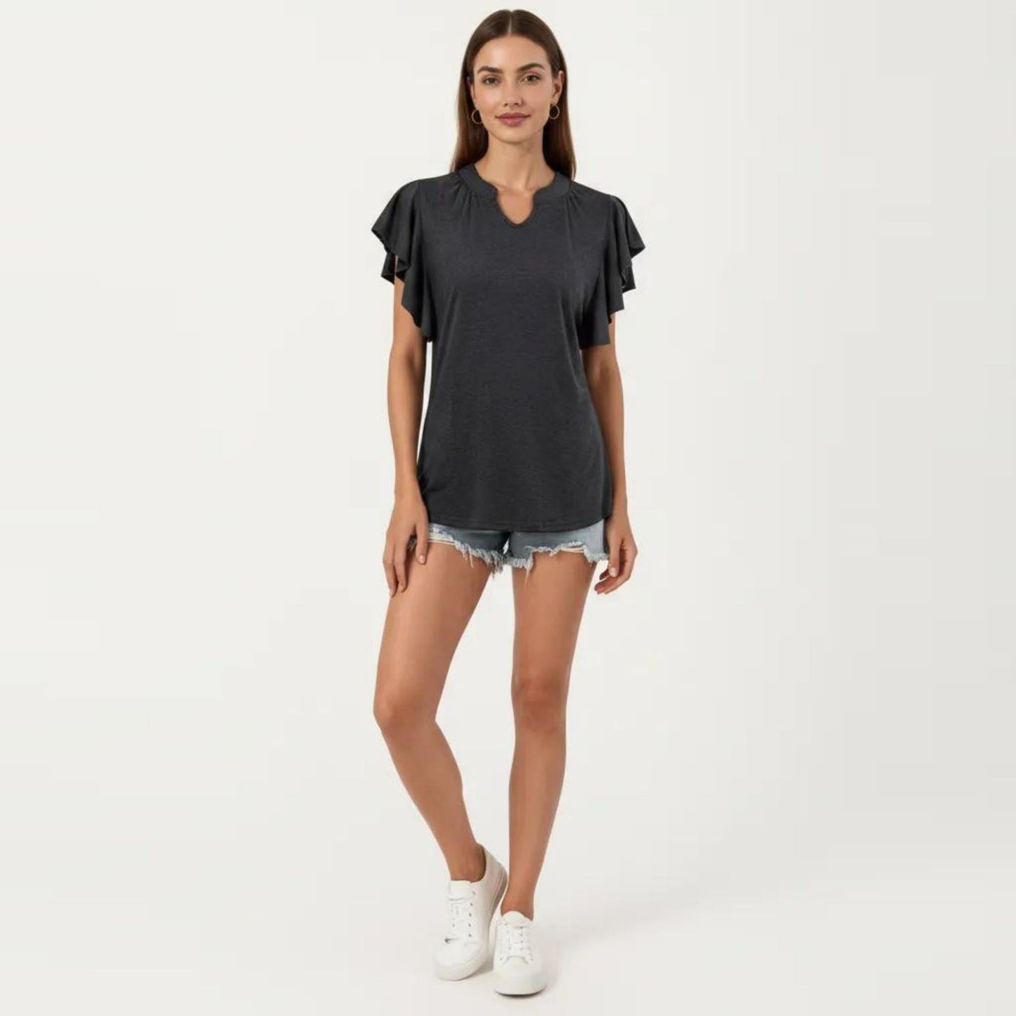 Short Sleeve Top with Flutter Ruffle Sleeves and Split V Neck Relaxed Fit Casual Shirt