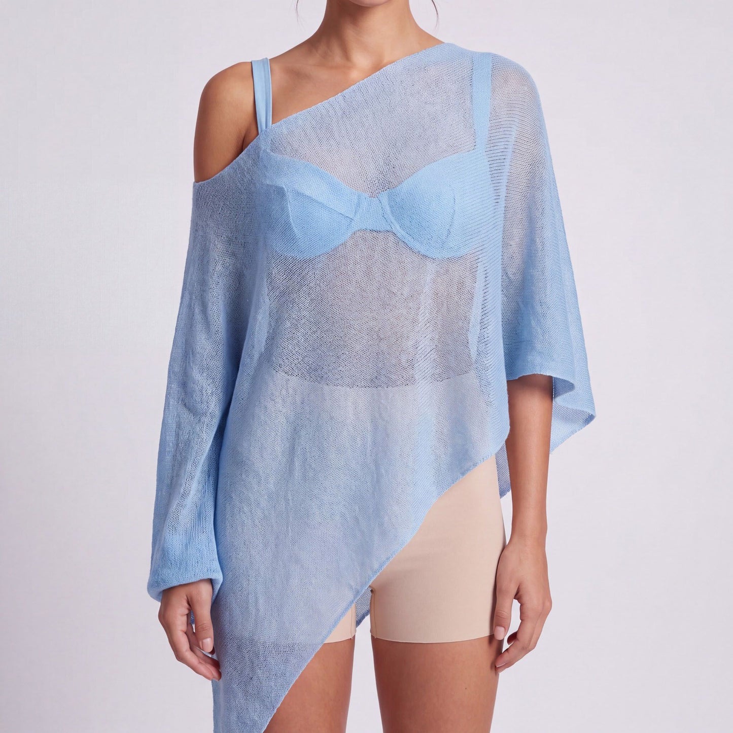 Sheer Open Knit Asymmetrical Poncho Top with One Shoulder Neckline, Draped Sleeve and Pointed Hem