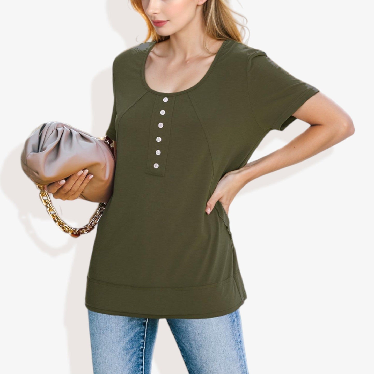 Solid Round Neck Short Sleeve Top with Decorative Buttons