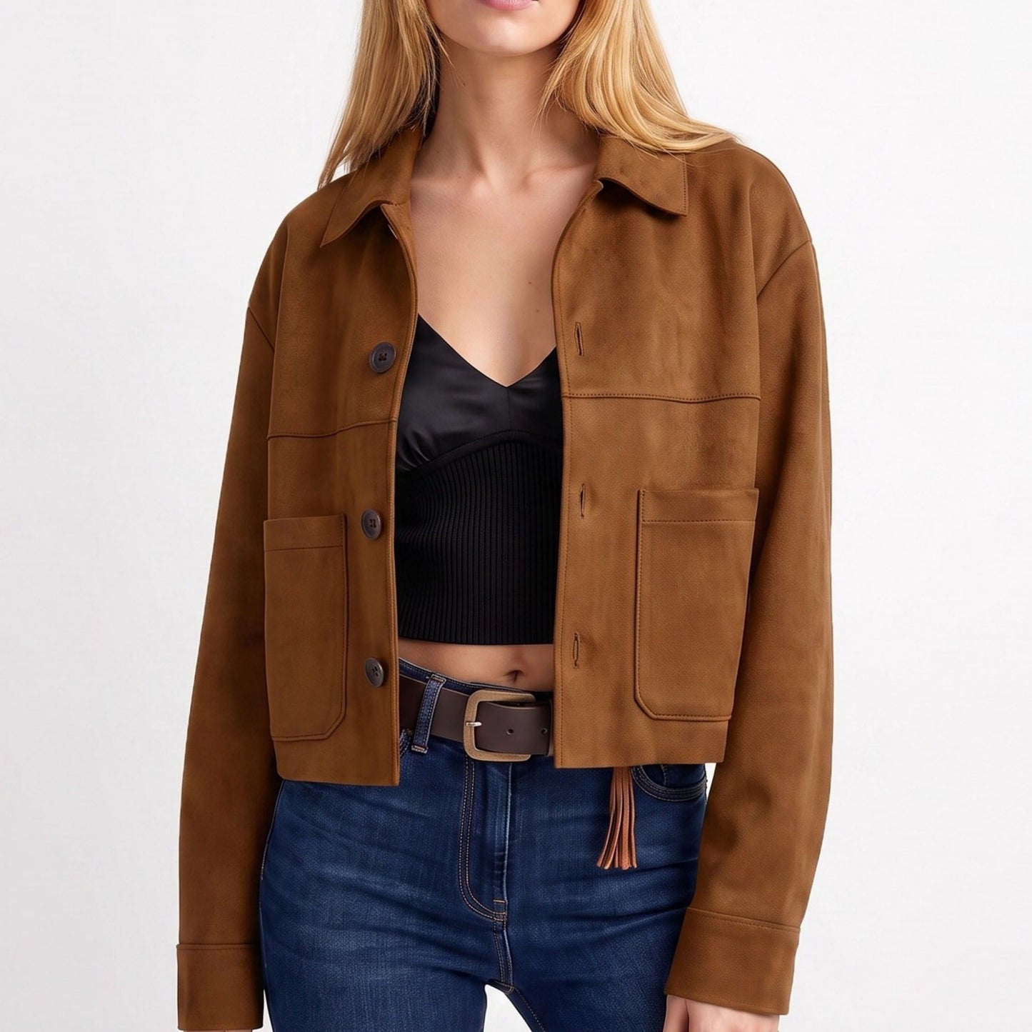 Cropped Button Front Shirt Jacket with Patch Pockets