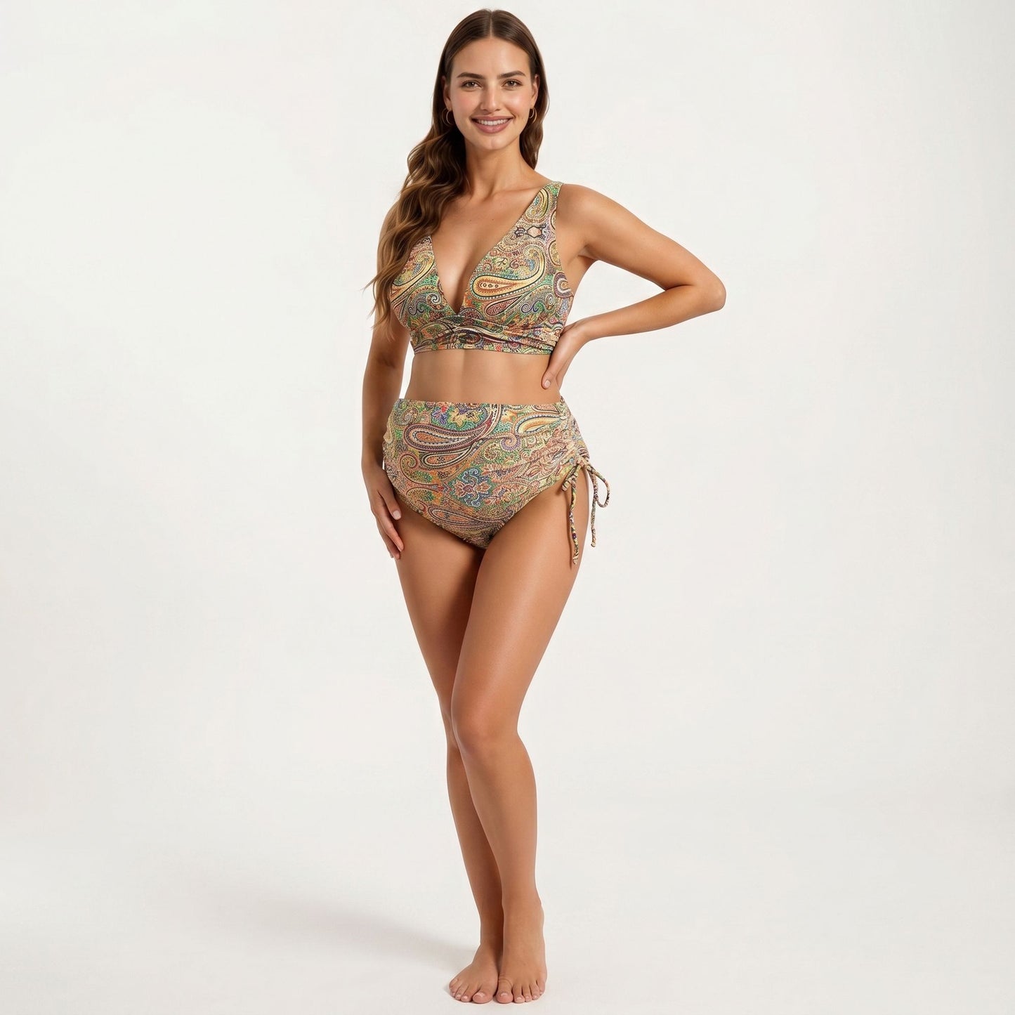 Paisley Print Maternity Bikini Set with Adjustable Side Ties and V-Neck Design