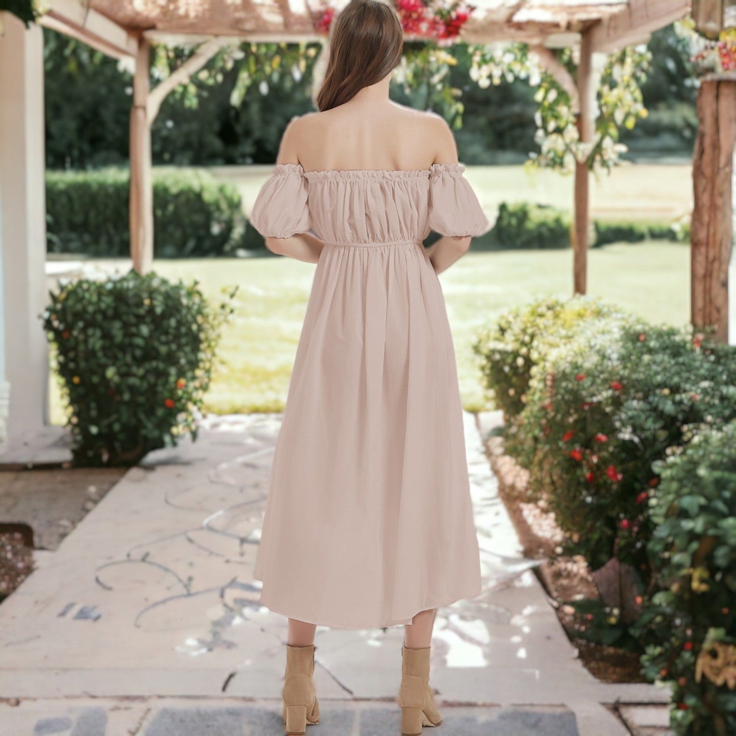 Casual Boho Lantern Sleeve Off Shoulder Fairy Midi Dress