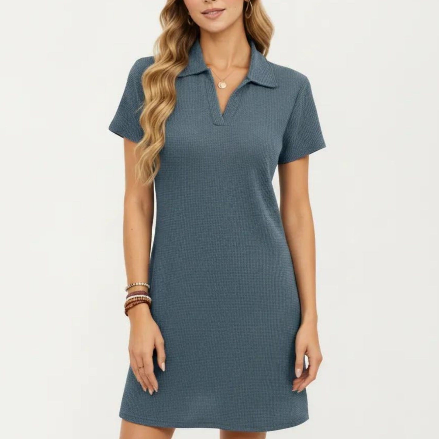 Short Sleeve Collared Mini Dress with Split V Neck Textured Knit Relaxed Fit Casual Dress