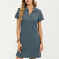 Short Sleeve Collared Mini Dress with Split V Neck Textured Knit Relaxed Fit Casual Dress