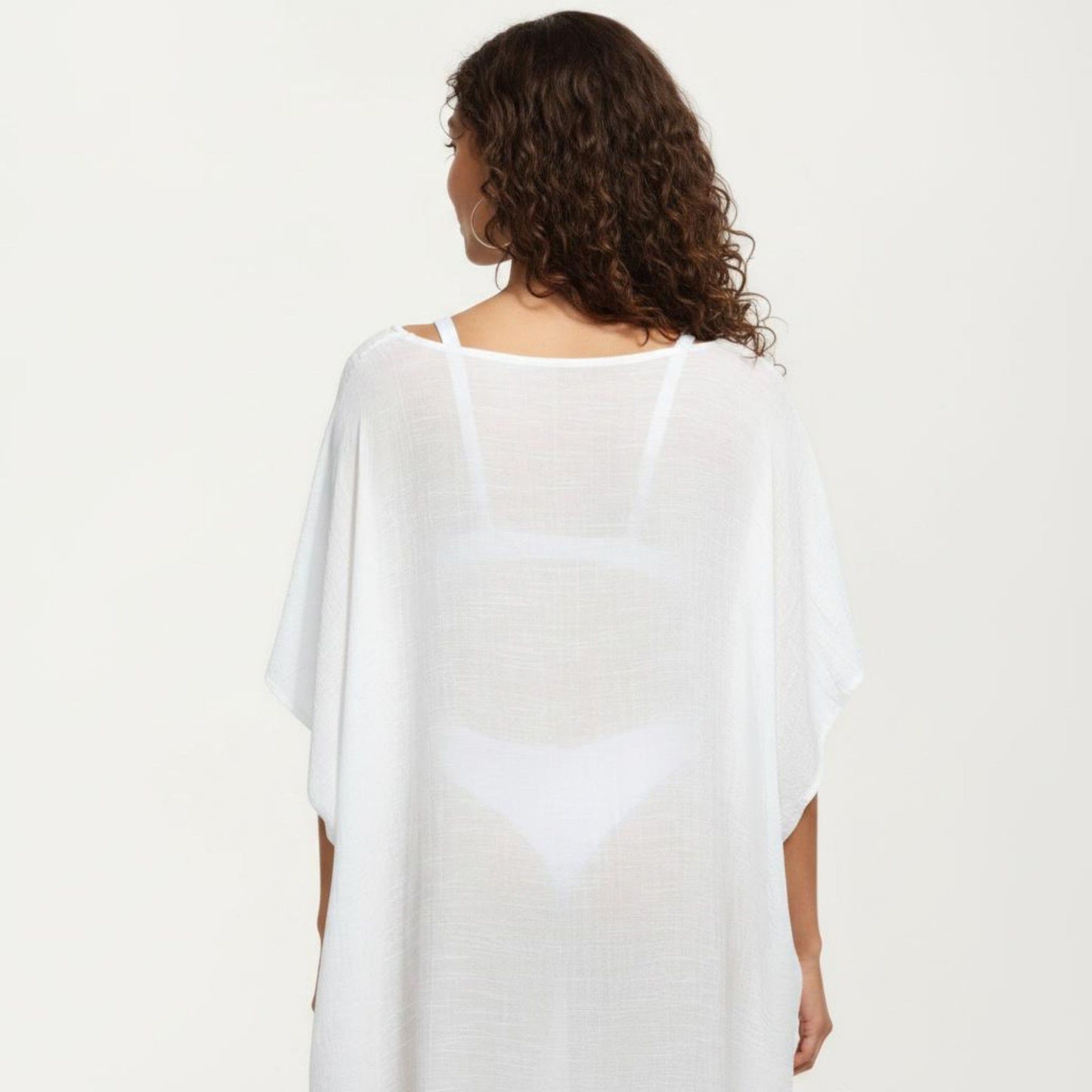 Crochet Trim Swim Cover Up Dress Loose Short Sleeve Lightweight Beach Kaftan
