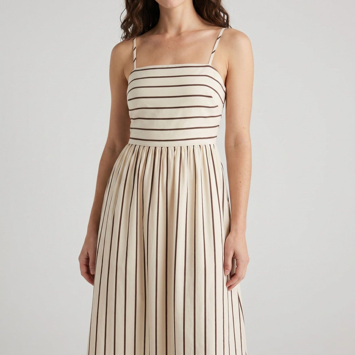 Striped Square Neck Sleeveless Maxi Dress with Fitted Bodice Adjustable Straps and Flowy Tiered A-Line Skirt