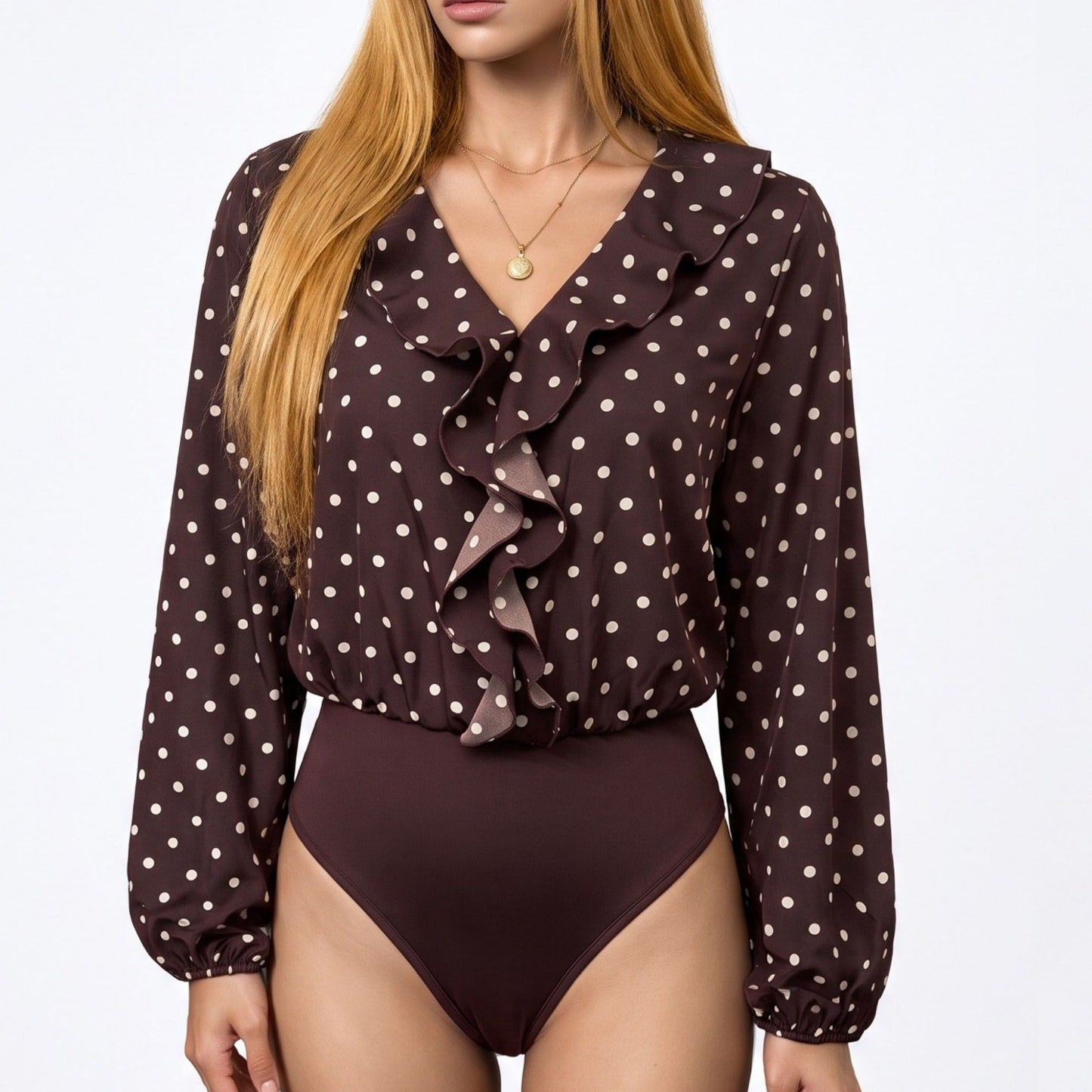 Polka Dot Ruffle V Neck Long Sleeve Blouson Bodysuit