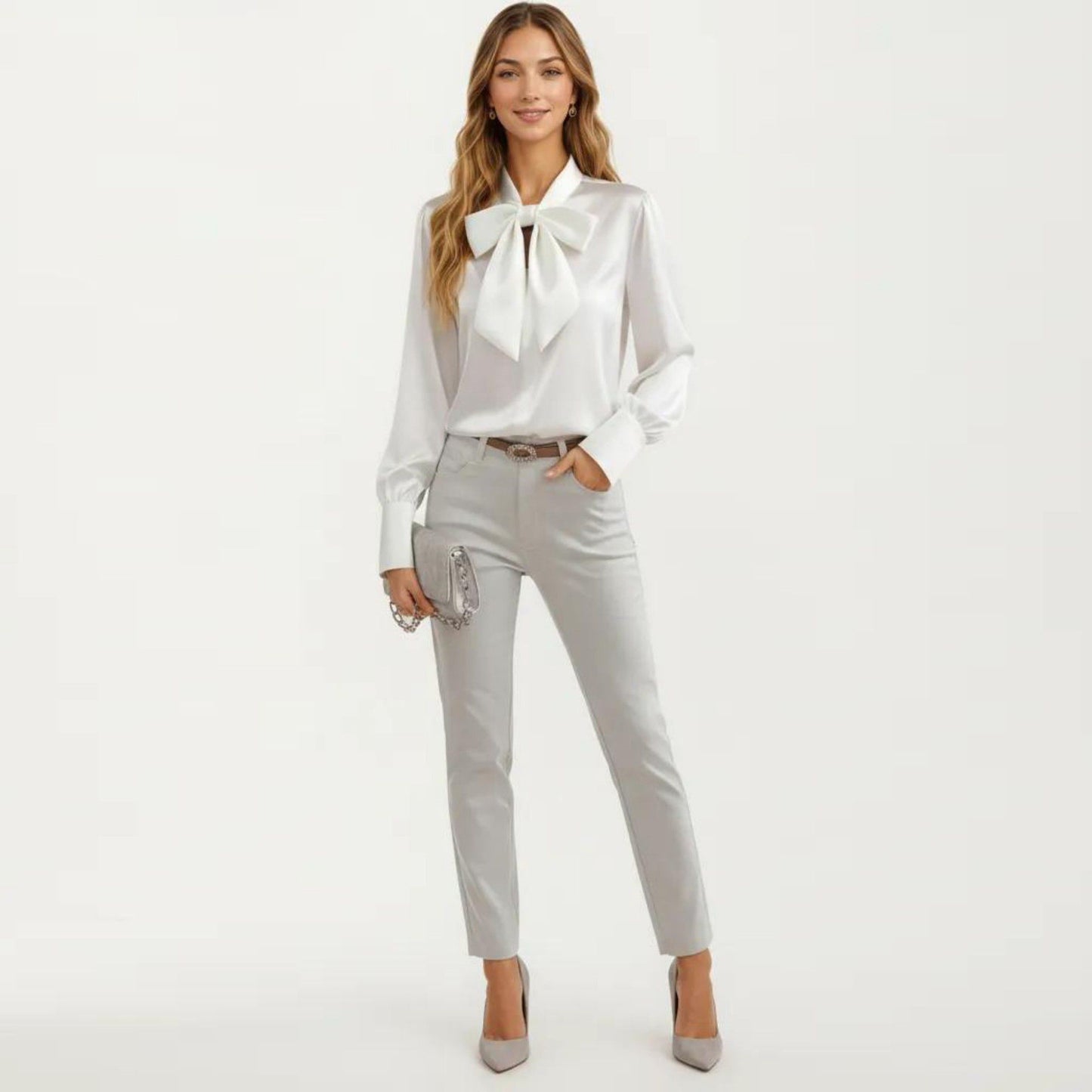 Satin Bow Neck Blouse with Long Puff Sleeves and Wide Cuffs