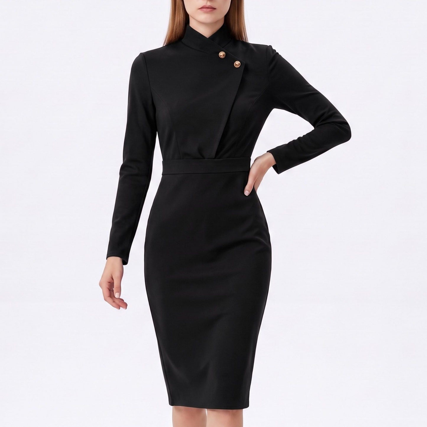Long Sleeve Stand Collar Sheath Dress with Asymmetric Button Detail