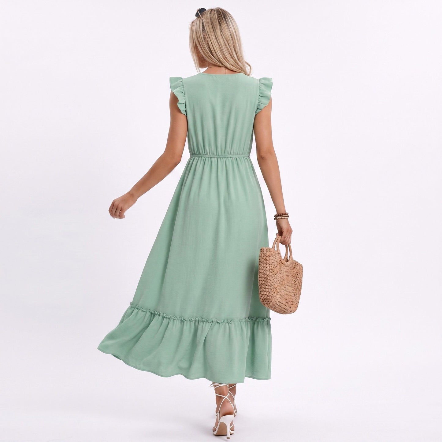 Lace Trim Midi Dress Ruffle Sleeve Tie Neck Tiered Hem Dress